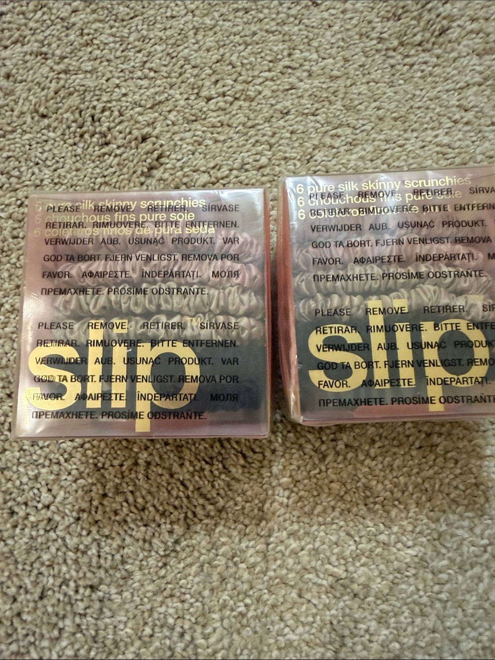 Slip Silk Skinny Hair Scrunchies. Pink, Caramel and Black.